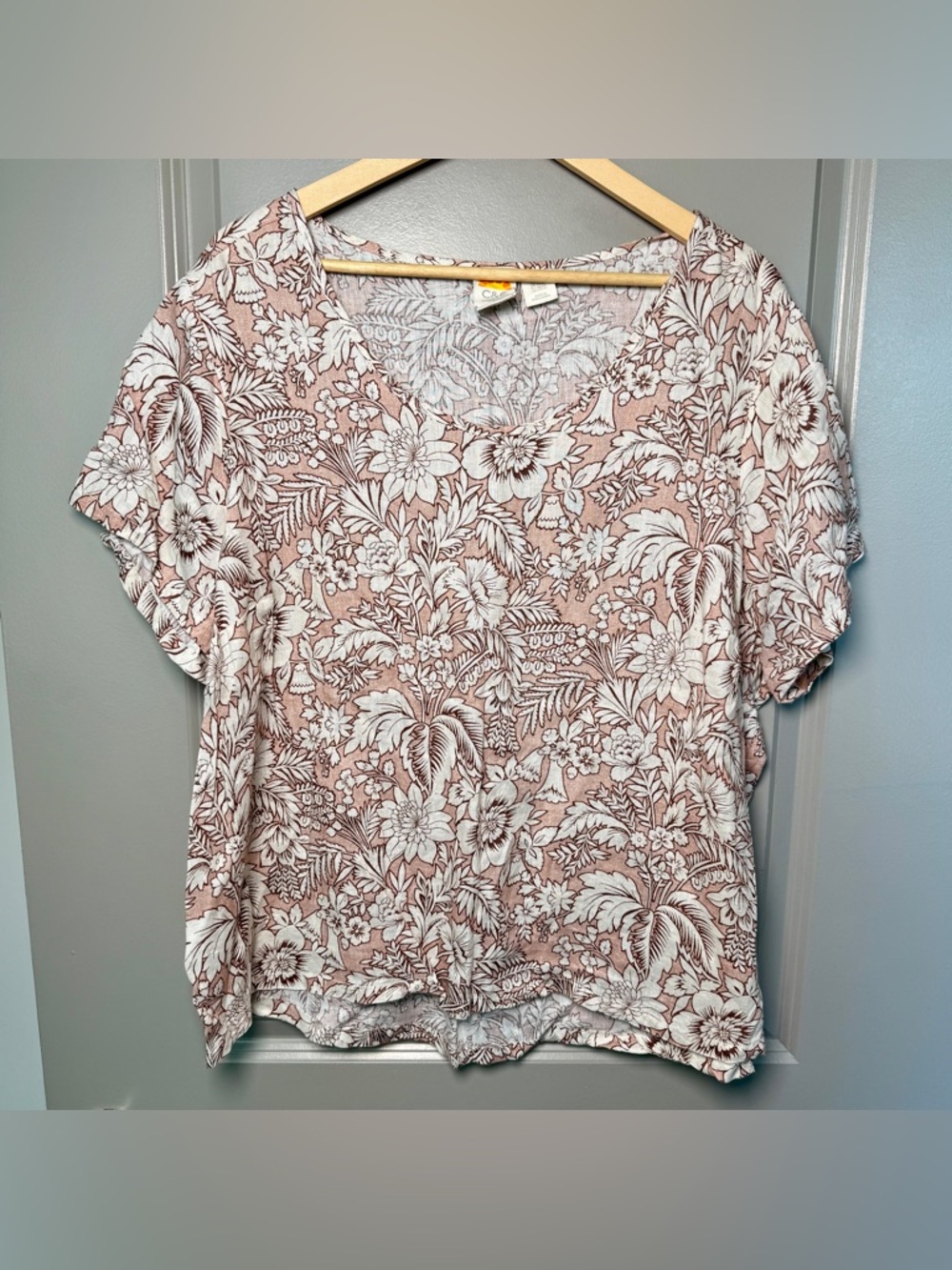 C&C California Tropical Botanical Linen Top  Resortwear Summer — Blush/Brown 2X
